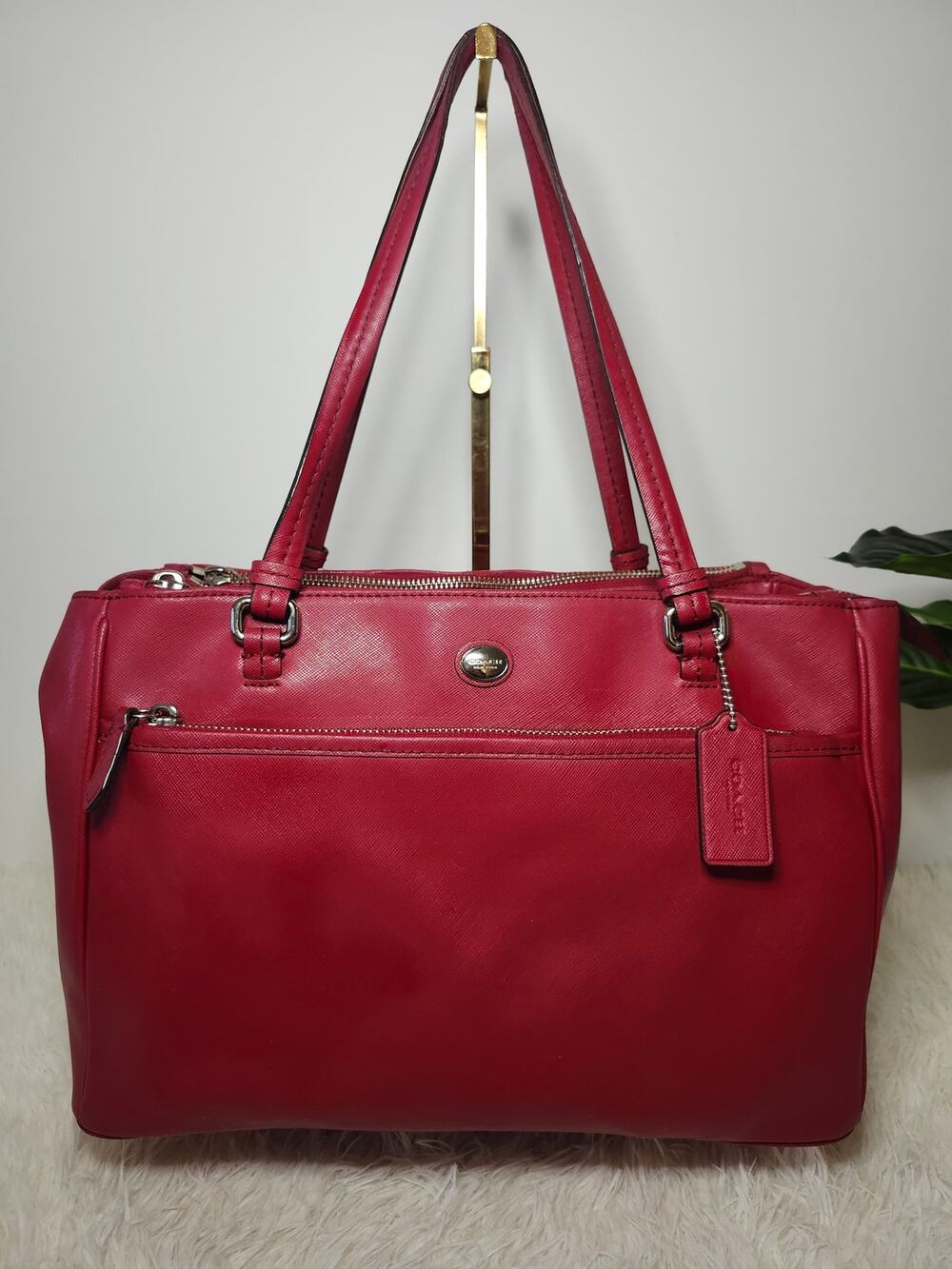 Coach Peyton Large Pocket Tote Bag Red Saffiano Leather Silver Hardware